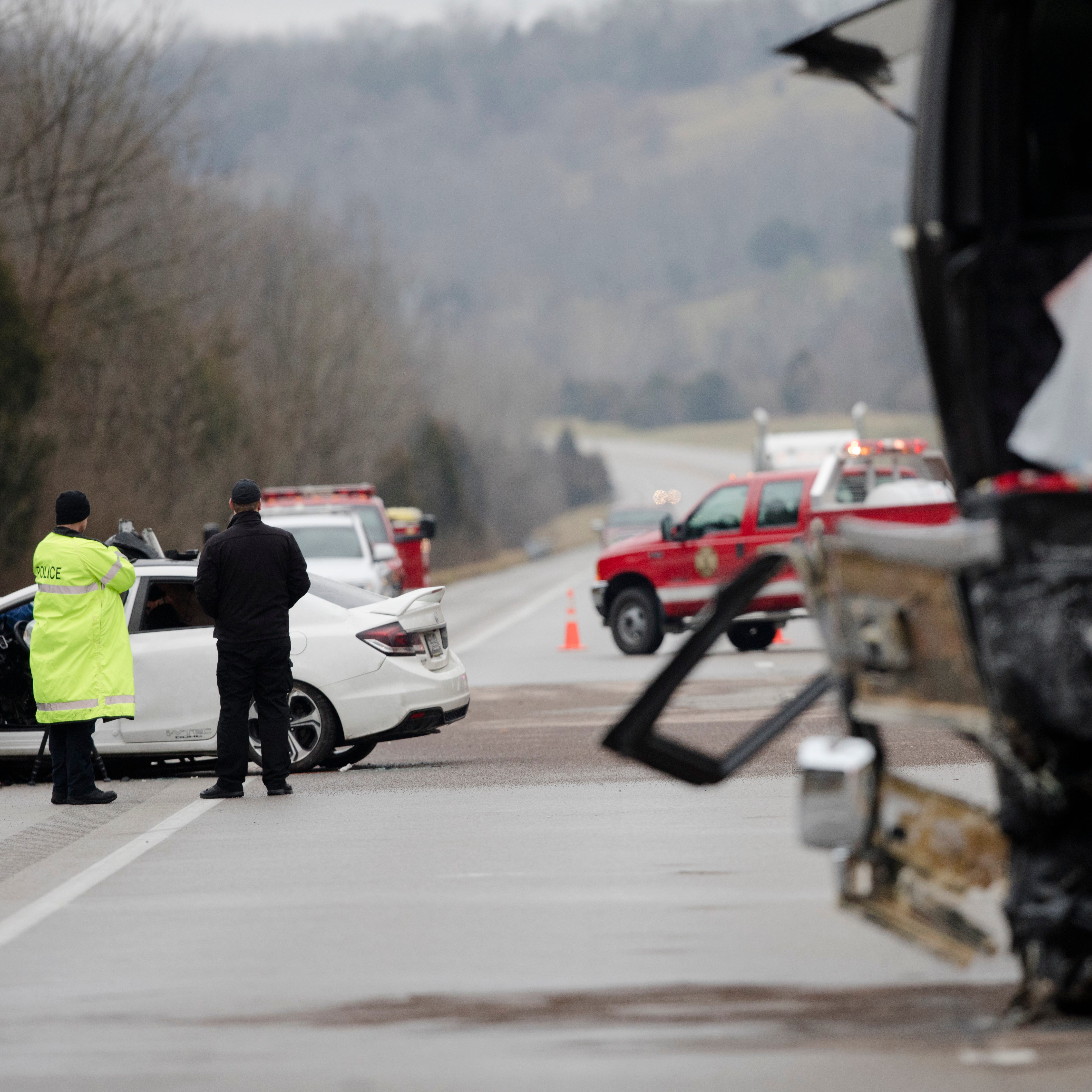 Emergency crews work the scene of a fatal crash involving a charter bus and car on the AA highway in Campbell County, Ky., Jan. 25, 2020. Campbell County police say a charter bus filled with Covington Catholic students was coming from the March for Life in Washington, D.C., when the bus driver hit a vehicle. The driver of the vehicle died.