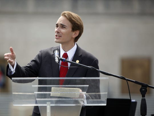 Sen. Brent Waltz speaks during the FreedomWorks rally for Richard Mourdock on May 5, 2012, at Veterans Plaza in Downtown Indianapolis.