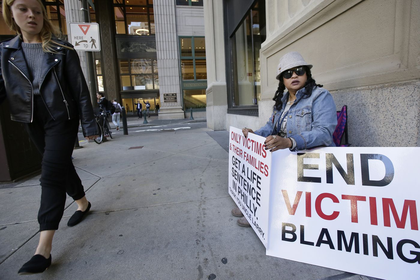 Rosalind Pichardo of Phila. protests District Attorney Larry Krasner's lenient sentences for murder suspects outside of the District Attorney's Office on October 10, 2019.