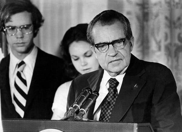 Facing impeachment, President Richard M. Nixon resigned in August 1974.