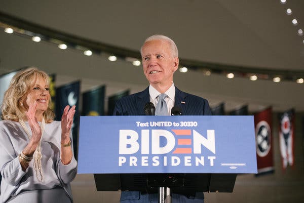 Former Vice President Joseph R. Biden Jr. and Jill Biden at the National Constitution Center in Philadelphia, following the primary results.