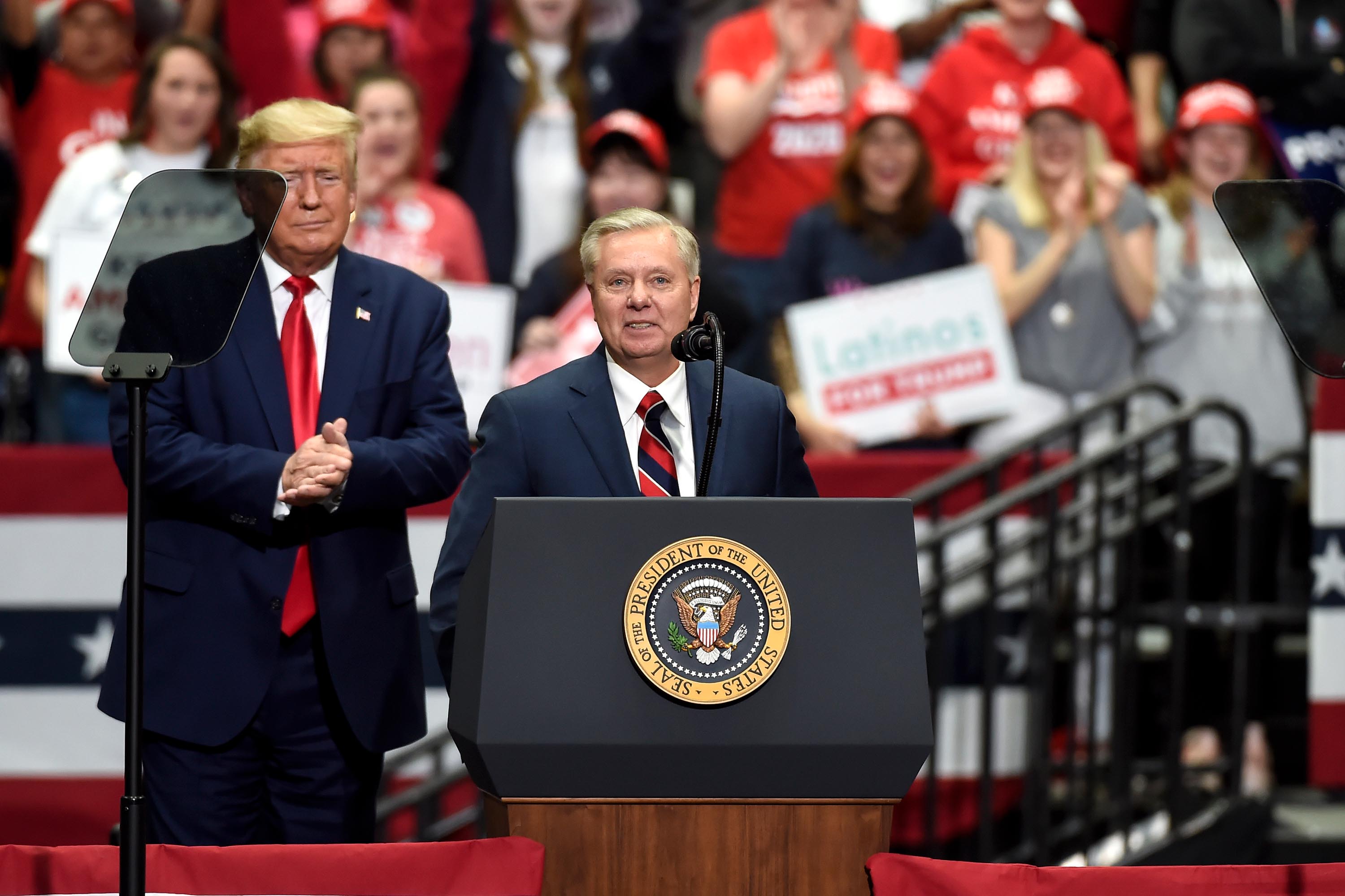 Sen. Lindsey Graham, speaks during a campaign rally for President Donald Trump in Charlotte, North Carolina, Monday, March 2.