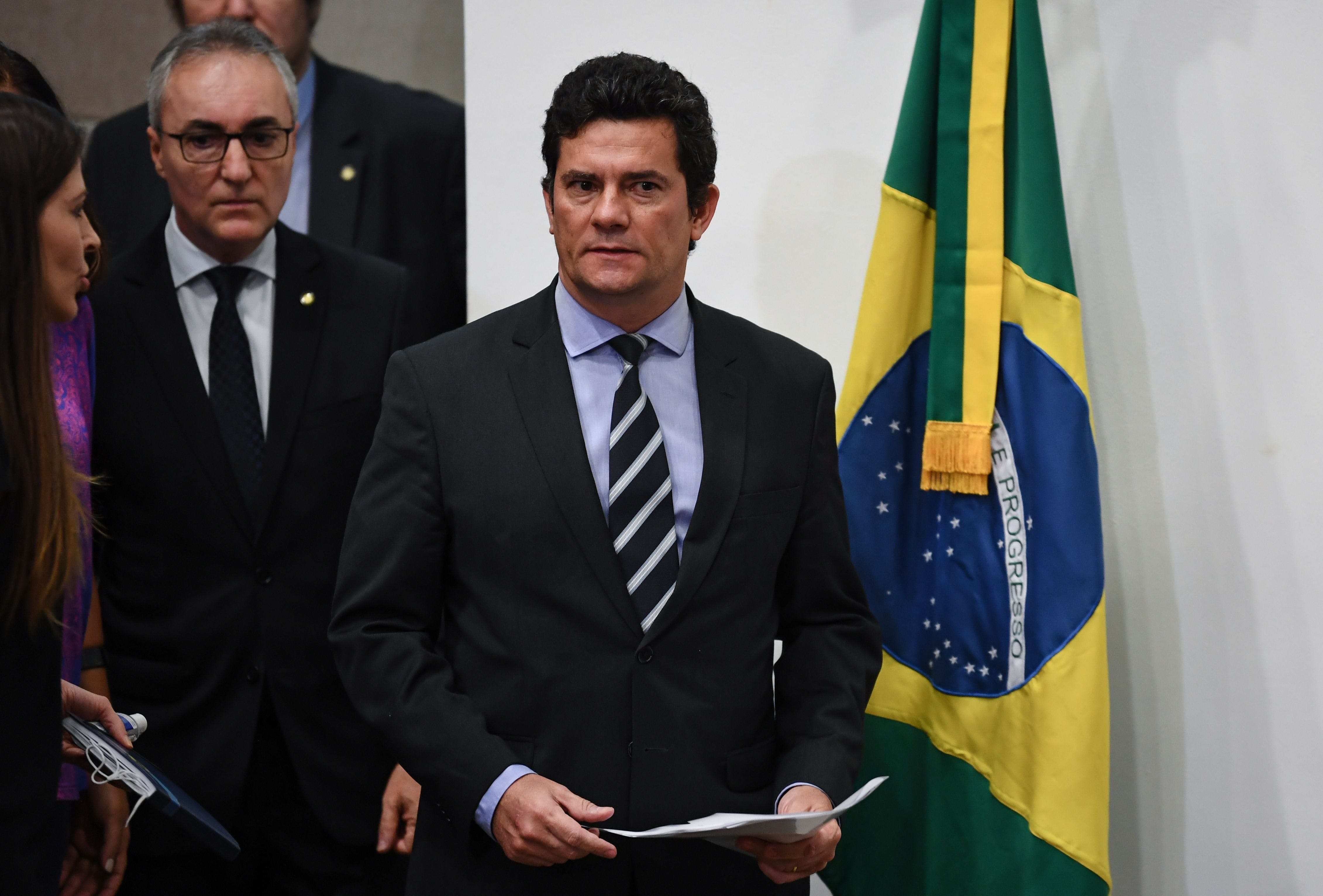 Brazilian Minister of Justice and Public Security, Sergio Moro, arrives to deliver a press conference at Minister of Justice, in Brasilia, on April 24, 2020. (Photo by EVARISTO SA / AFP) (Photo by EVARISTO SA/AFP via Getty Images)