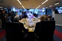 Image: Trump participates in a teleconference with governors from the headquarters of the Federal Emergency Management Agency in Washington on March 19.