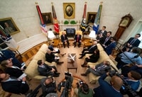 Image: Trump and Louisiana Gov. John Bel Edwards (D) meet in the Oval Office on April 29.