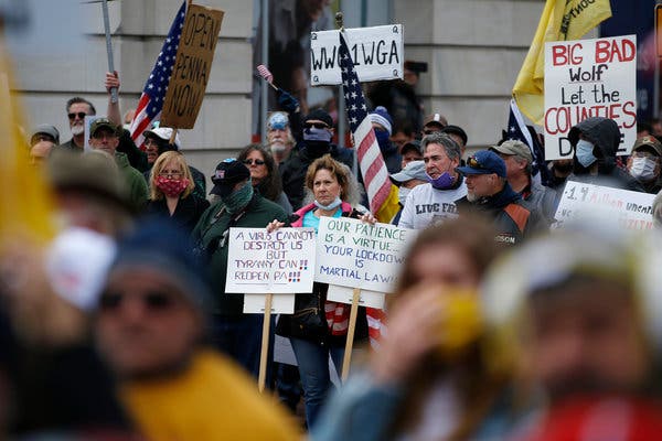 People protested new social-distancing rules at the State Capitol in Harrisburg, Pa., last month. 