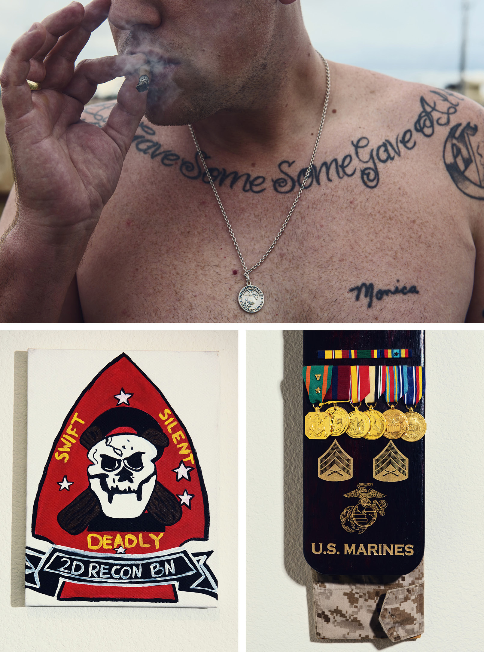 &quot;Alex&quot;, a marine who served two tours in Iraq smokes cannabis; a wall hanging with his medals | Jessica Chou for Politico Magazine