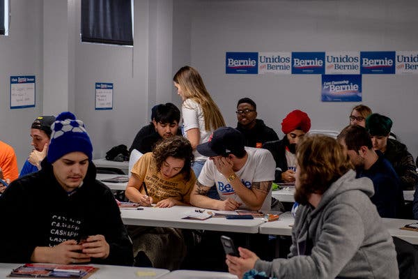 Supporters of Senators Bernie Sanders prepared to canvass at the West Des Moines field office on the day of the Iowa caucuses. His canvassers hit more than 800,000 doors leading up to the caucuses.&nbsp;