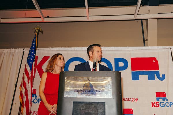 Kris W. Kobach at his watch party in Topeka, Kan., in 2018, when he lost a bid for governor against Laura Kelly, a Democrat, despite their state’s Republican tilt.