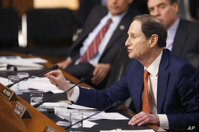 Senate Intelligence Committee member Sen. Ron Wyden, D-Ore. questions CIA Director John Brennan on Capitol Hill in Washington, Feb. 9, 2016.