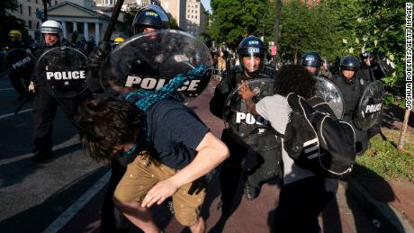 Police clash with protesters during a demonstration on June 1, 2020 in Washington, DC. 