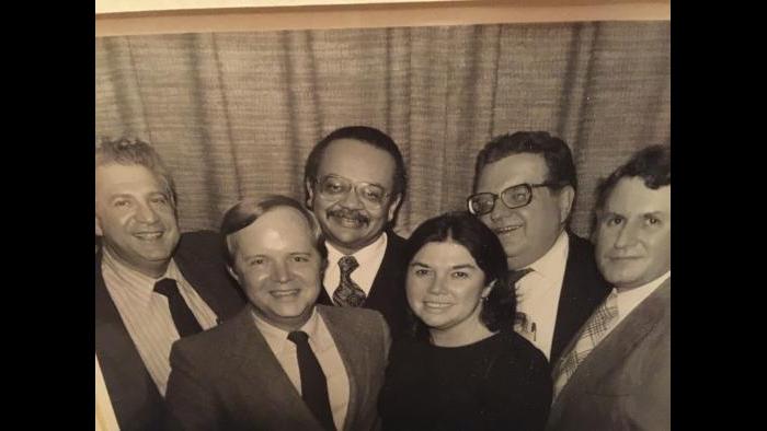 The original “Inside Politics” team, 1980. From left: Sheldon Gardner, Bruce DuMont, Ald. Clifford Kelley, Marilyn D. Clancy, Tom Roeser and Phil Krone. (Courtesy Bruce DuMont)