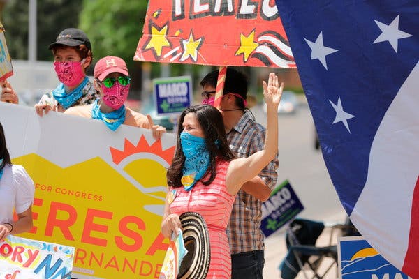 Teresa Leger Fernandez, who won a Democratic House primary on Tuesday, cheered on supporters at a polling station in Santa Fe, N.M.