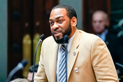 FILE - Kentucky Democratic State Representative Charles Booker speaks on the floor of the House of Representatives, in the State Capitol in Frankfort, Kentucky, Feb. 19, 2020. 