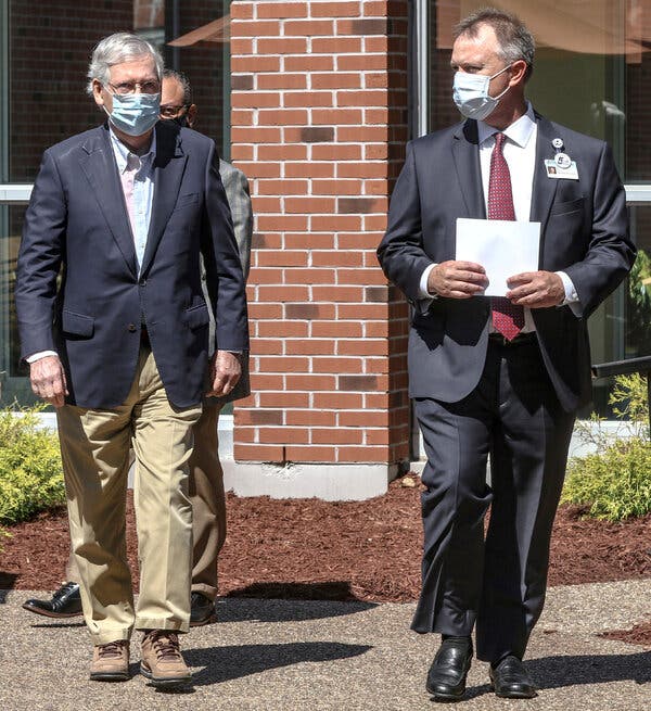 Senator Mitch McConnell, the majority leader, wore a mask last week as he visited a hospital in Greenville, Ky.