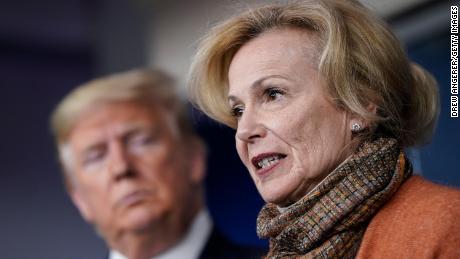 President Donald Trump looks on as Dr. Deborah Birx speaks about the coronavirus outbreak in the press briefing room at the White House on March 17.