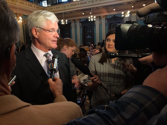 Senate Majority Leader Mike Shirkey, R-Clarklake, talks to reporters on Wednesday, Nov. 13, 2019, amid a budget impasse inside the Capitol.