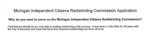 This is a portion of Karen Gullan's application to be on Michigan's new redistricting commission.