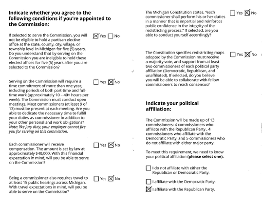 This page is a portion of Vincent Falzon's application to serve on the redistricting commission. Falzon says on the application that he won't be able to collaborate with other commission members to reach a consensus.