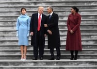 Image: With their wives by their sides, Trump and former president Barack Obama speak on the steps of the Capitol after Trump was sworn in on Jan. 20, 2017.