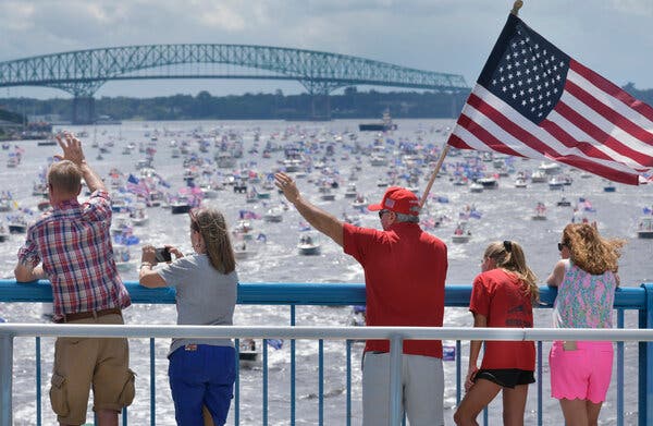 Supporters of President Trump waved at hundreds of boats idling on the St. Johns River during a rally in Jacksonville, Fla., celebrating Mr. Trump’s birthday in June.