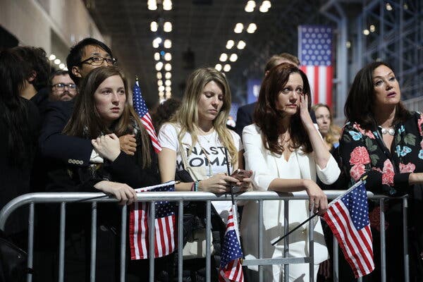 Supporters of Hillary Clinton watching results at the campaign’s election night event at the Jacob Javits Center in New York.