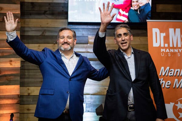 Manny Sethi, right, has campaigned with Republican Senators like Ted Cruz, left, and Rand Paul, who see Tennessee as an important part of a potential 2024 presidential election strategy.