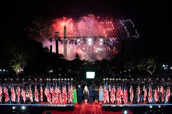 The Republican convention featured a speech from President Trump outside the White House and fireworks over the Washington Monument.