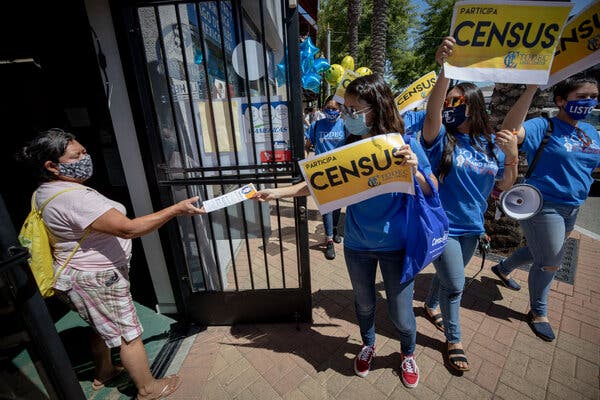 Volunteers in Perris, Calif., handed out census information last month.