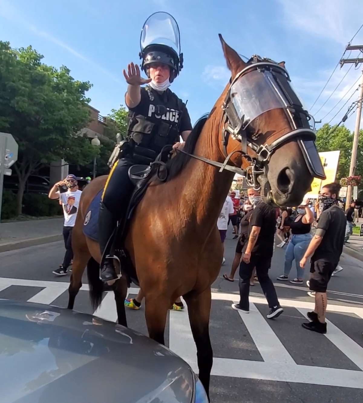 Protester Keni Zoeli took this photo of a Saratoga Springs police officer and horse during the march, which looped down Maple Avenue from Broadway.