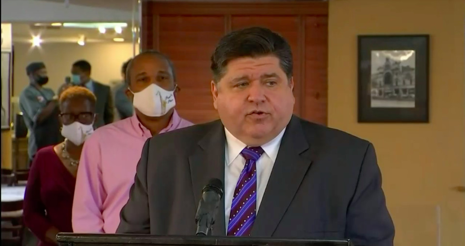 Gov. J.B. Pritzker speaks at Pearl’s Place Restaurant Tuesday.