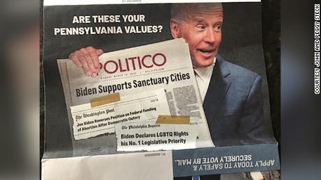 The Pennsylvania mailer also includes a doctored image of Democratic presidential candidate Joe Biden holding a Politico newspaper with a headline that never appeared claiming, falsely, that Biden supports sanctuary cities.