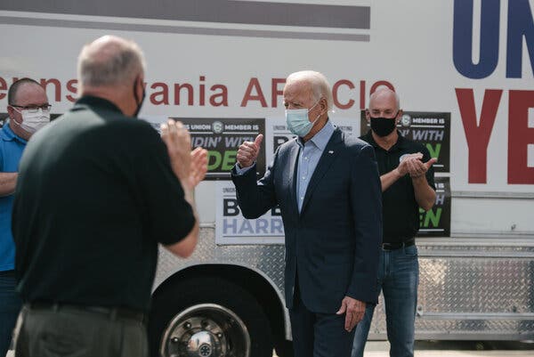 Joseph R. Biden Jr. with union leaders in Harrisburg, Pa., this month. He has not trailed in a public poll of Pennsylvania since June, but his lead narrowed over the summer.