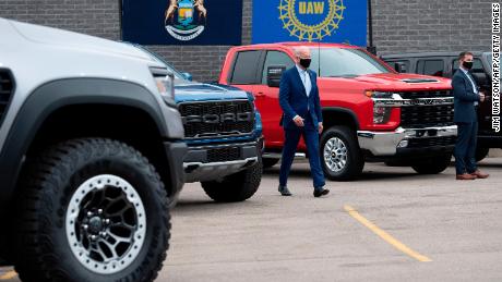 Democratic presidential candidate Joe Biden speaks at the United Auto Workers (UAW) Union Headquarters in Warren, Michigan, on September 9, 2020.