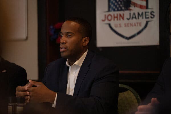 John James has tried to steer his underdog campaign through one of the most difficult balancing acts of any Republican running for national office in this election.