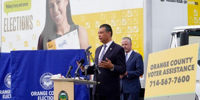 FILE: California Secretary of State Alex Padilla, left, and Orange County Registrar of Voters Neal Kelley hold a news conference on Orange County's comprehensive plans to safeguard the election and provide transparency in Santa Ana, Calif. (AP)