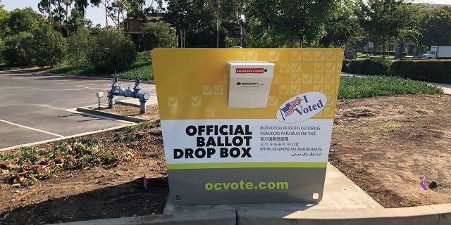 Official ballot drop boxes in Orange County, California are designed to meet state standards for security and bear the official Orange County Elections logo (Registrar of Voters for Orange County) 