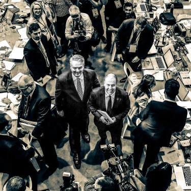 The Minister for Finance and the Public Service, Mathias Cormann, and Treasurer Josh Frydenberg during the budget lockup at Parliament House in Canberra in 2019.