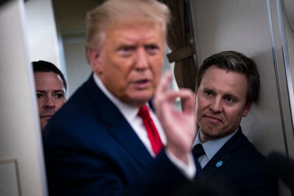 President Trump and his campaign manager, Bill Stepien, aboard Air Force One in August. Mr. Stepien is leading the president’s effort to employ aggressive electoral tactics to win the election.