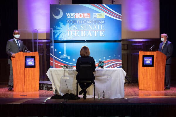 Senator Lindsey Graham, right, and his challenger, Jaime Harrison, debating in Columbia, S.C., last week.