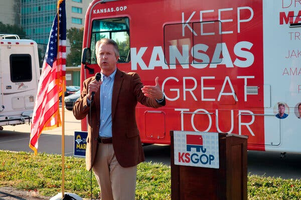 Roger Marshall, the Republican candidate for a U.S. Senate seat in Kansas, during a stop in a bus tour of the state this month.